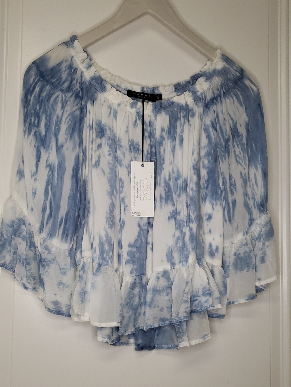NWT Maven West Blue & White Tie-Dye Off-Shoulder Ruffle Top